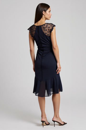 Navy A Line V-Neck Wedding Guest Dress with Ruffles